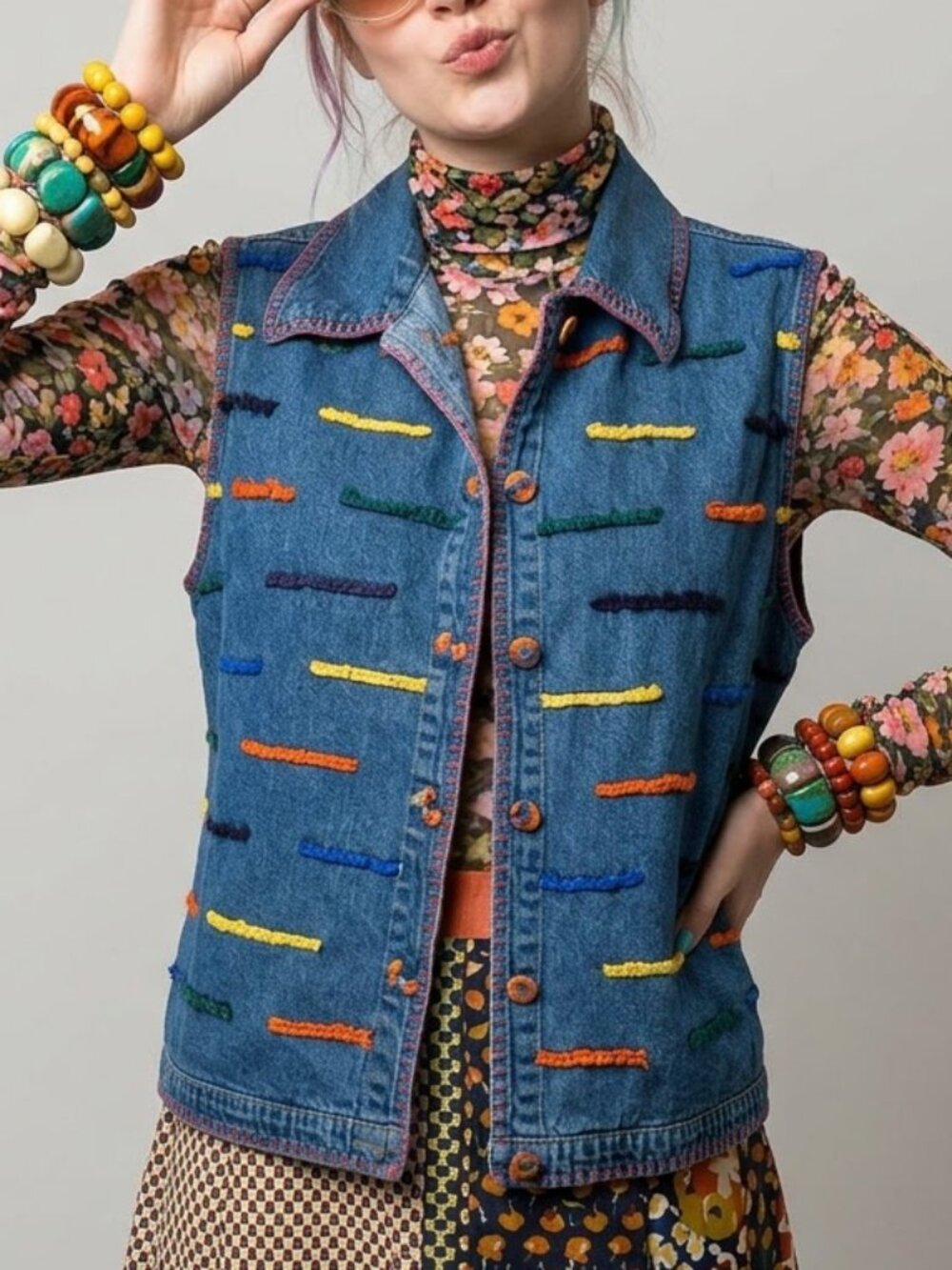 Vintage Jean vest with colorful stitching stripes size XL